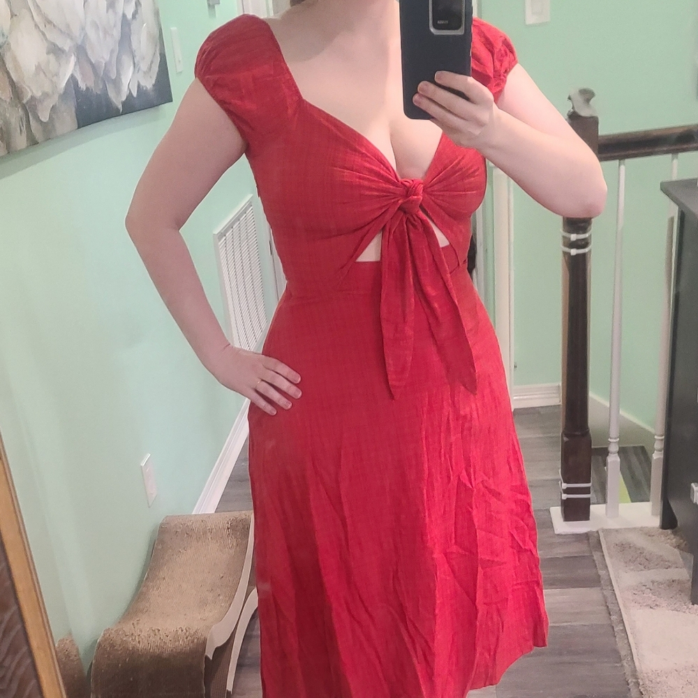 Bright and beautiful large UK 14 red sexy tie front midi dress